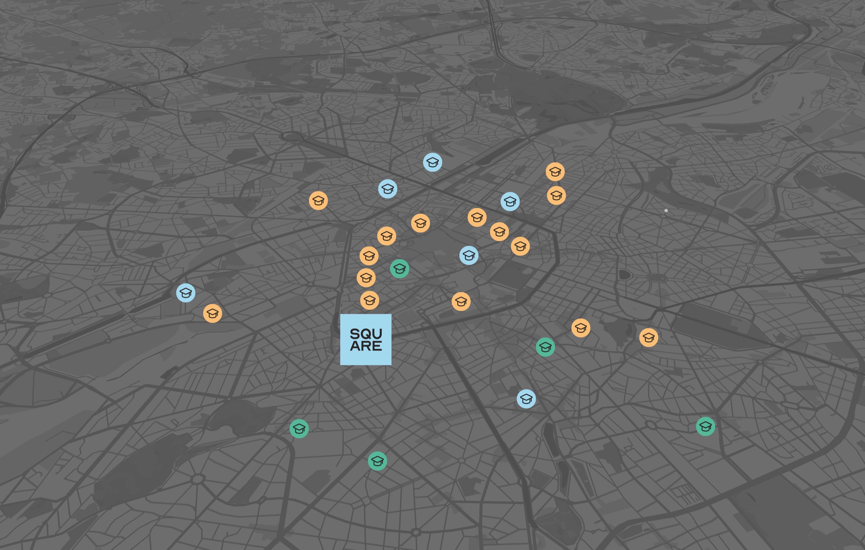 Carte de Bruxelles autour de Square et des principales universités bruxelloises